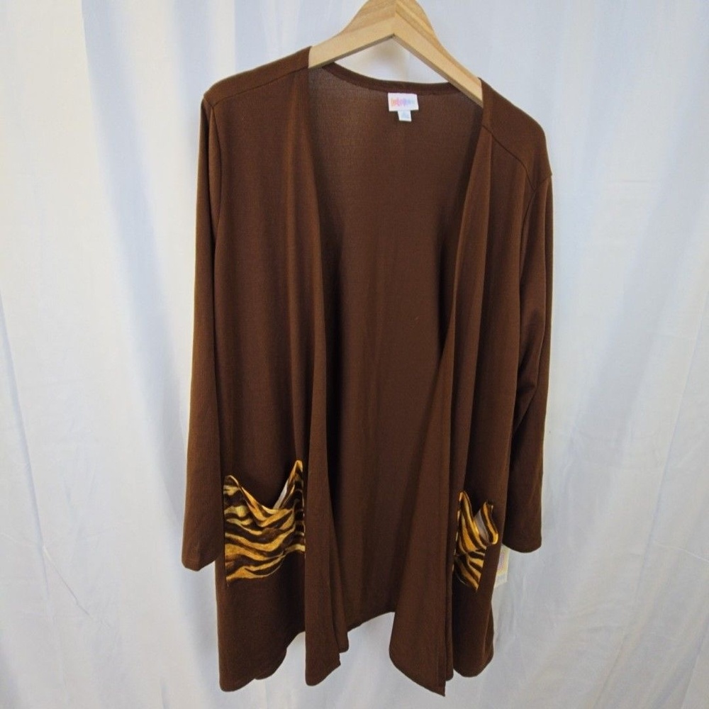LuLaRoe Cardigan Womens XL Brown Caroline Animal Print Pockets Long Sleeve